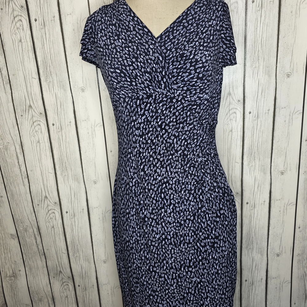 Lauren Ralph Lauren Navy Abstract Print Ruched V-Neck Dress Size 12